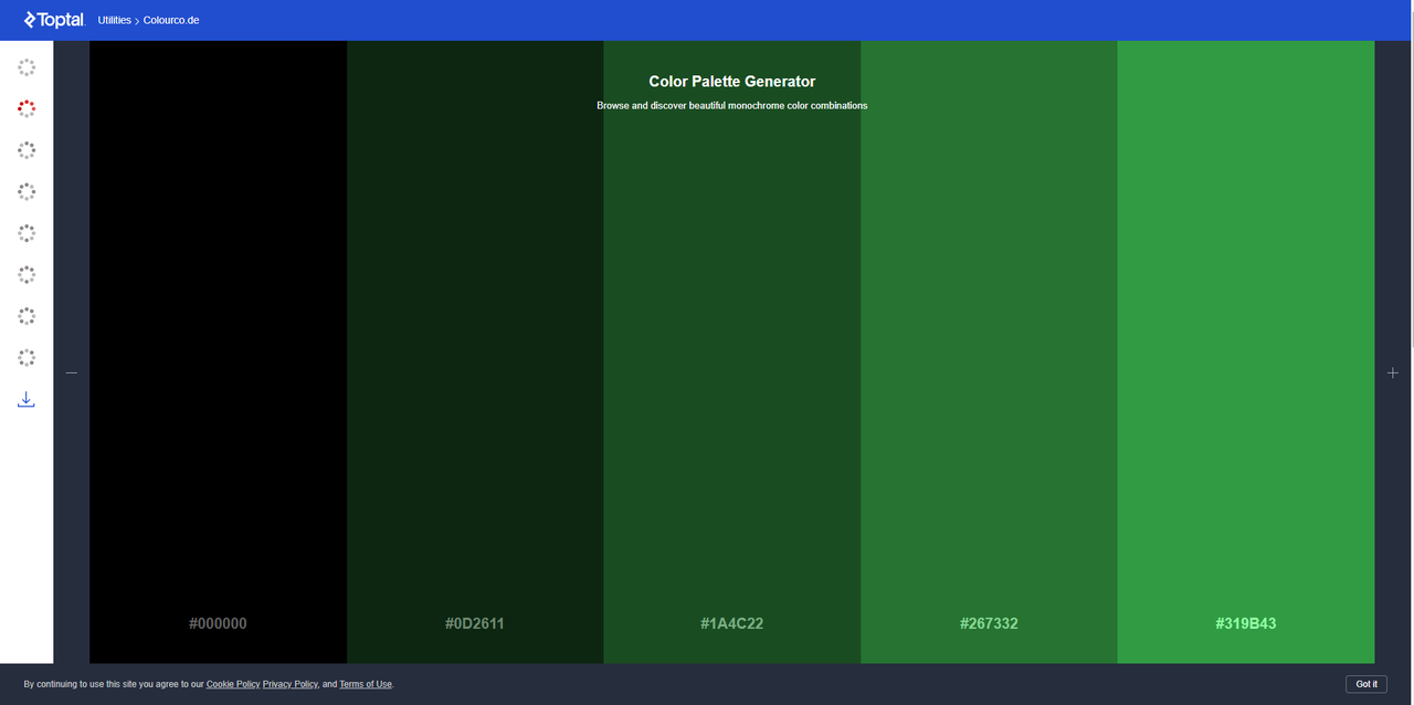 Interface of Toptal - an easy way to create custom monotone color palettes