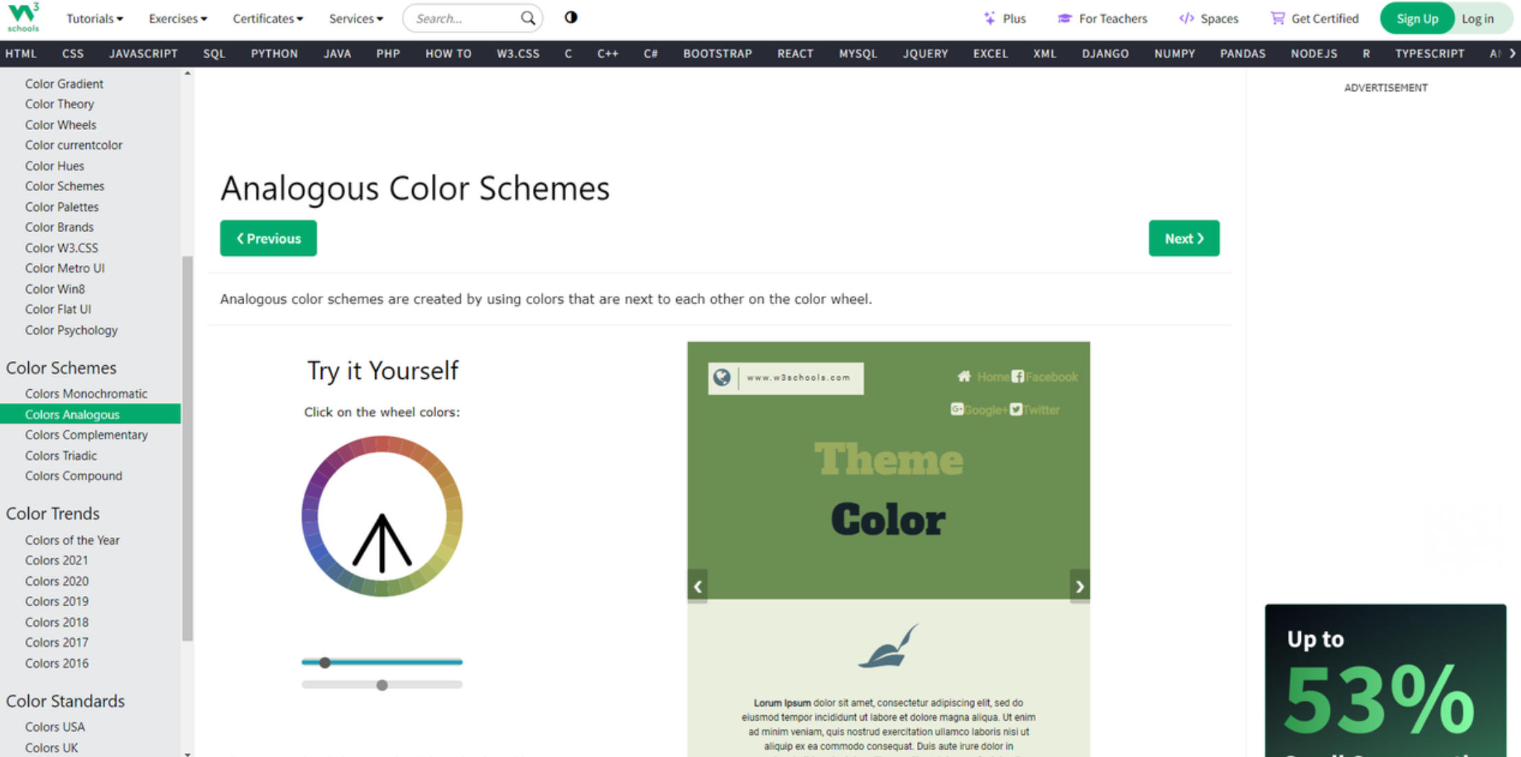 Interface of W3Schools - an online website for creating monotone color schemes