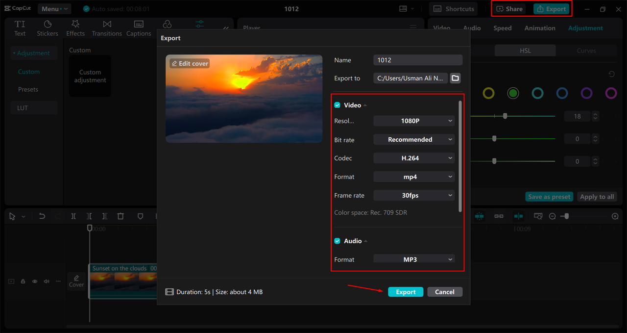 Exporting a video from the CapCut desktop video editor