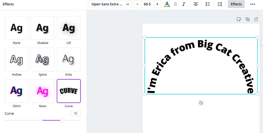 Interface of Canva - an easy way to create curved text online