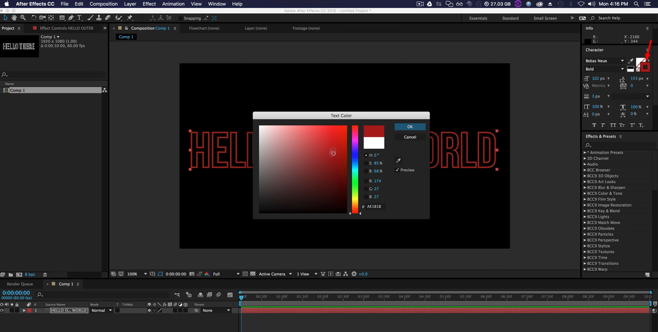 Applying stroke color to outline text in After Effects