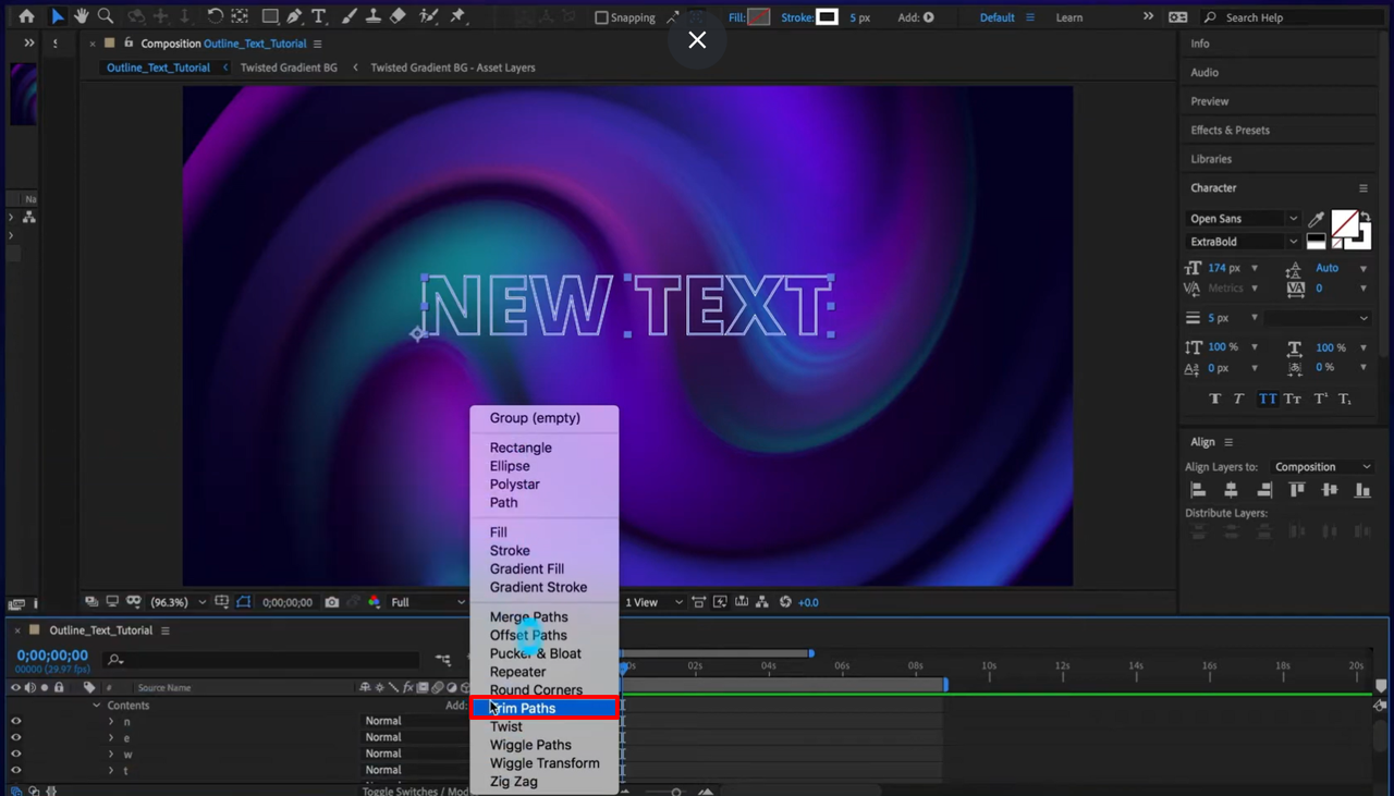 Applying animation to text outline in After Effects