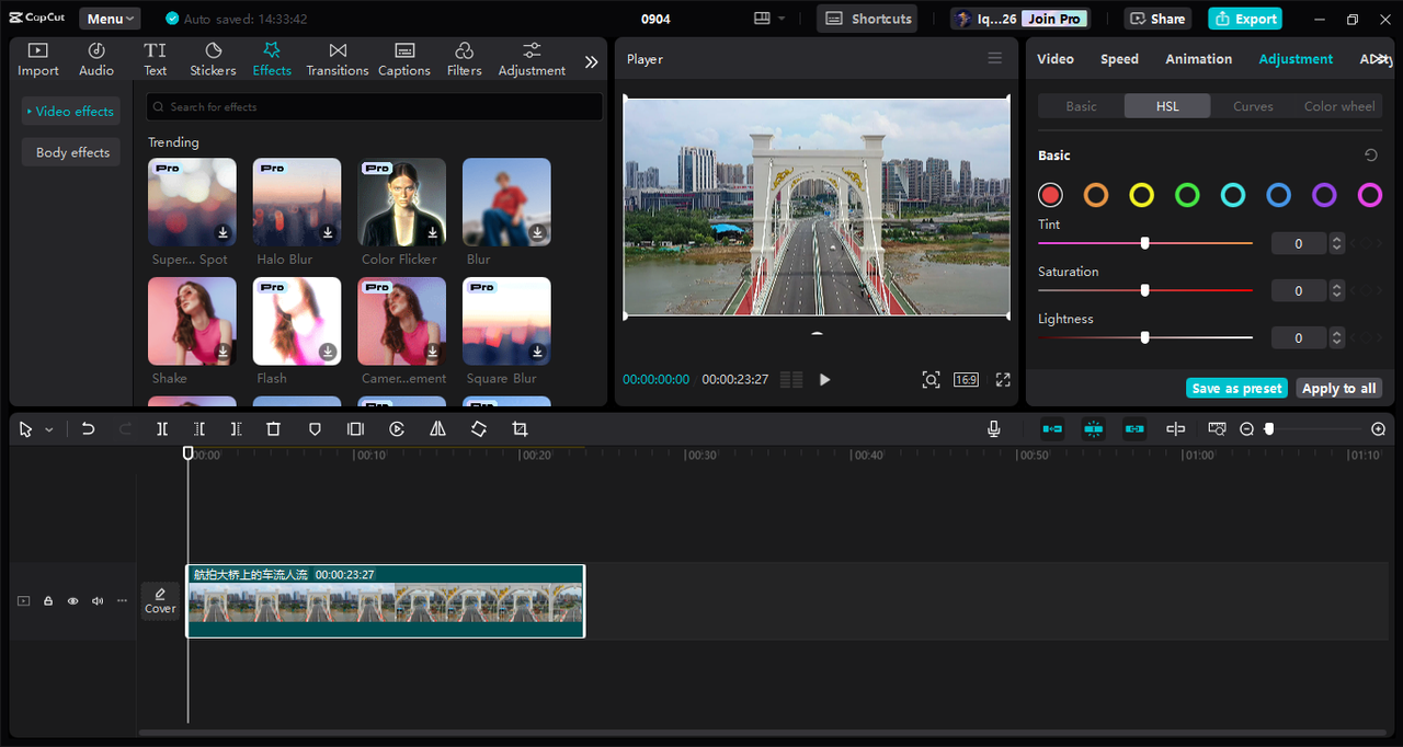 Editor interface of the CapCut desktop video editor - a perfect tool for creating vibrant neon effects in your designs