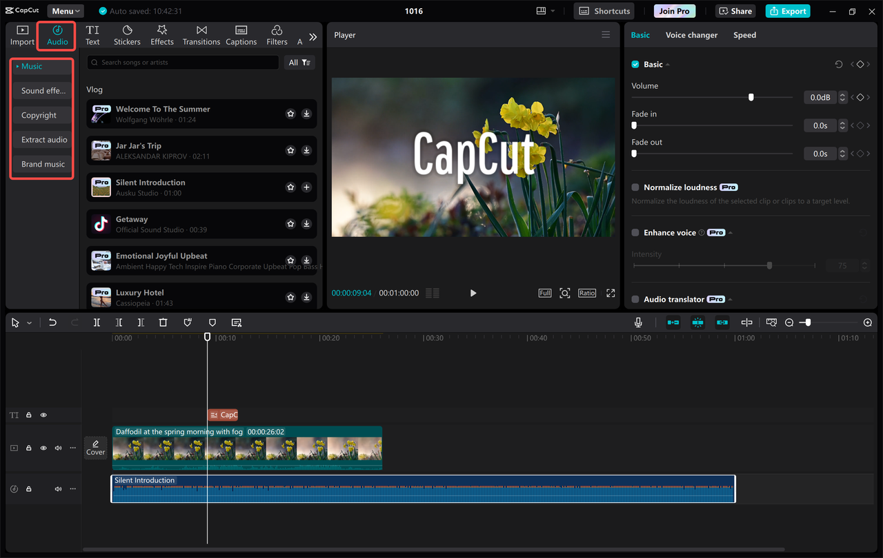 CapCut tutorial for beginners showing free background sounds and music