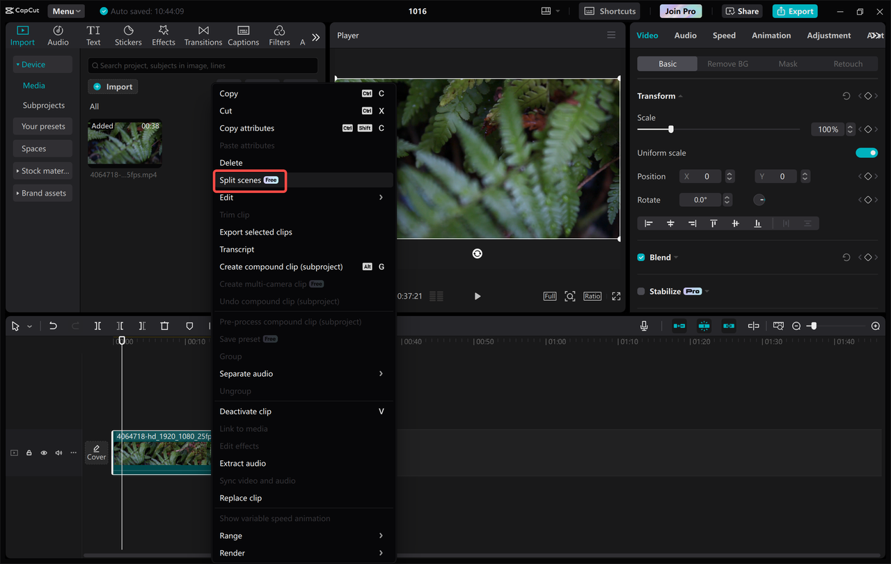 CapCut tutorial for beginners showing split scenes with one click