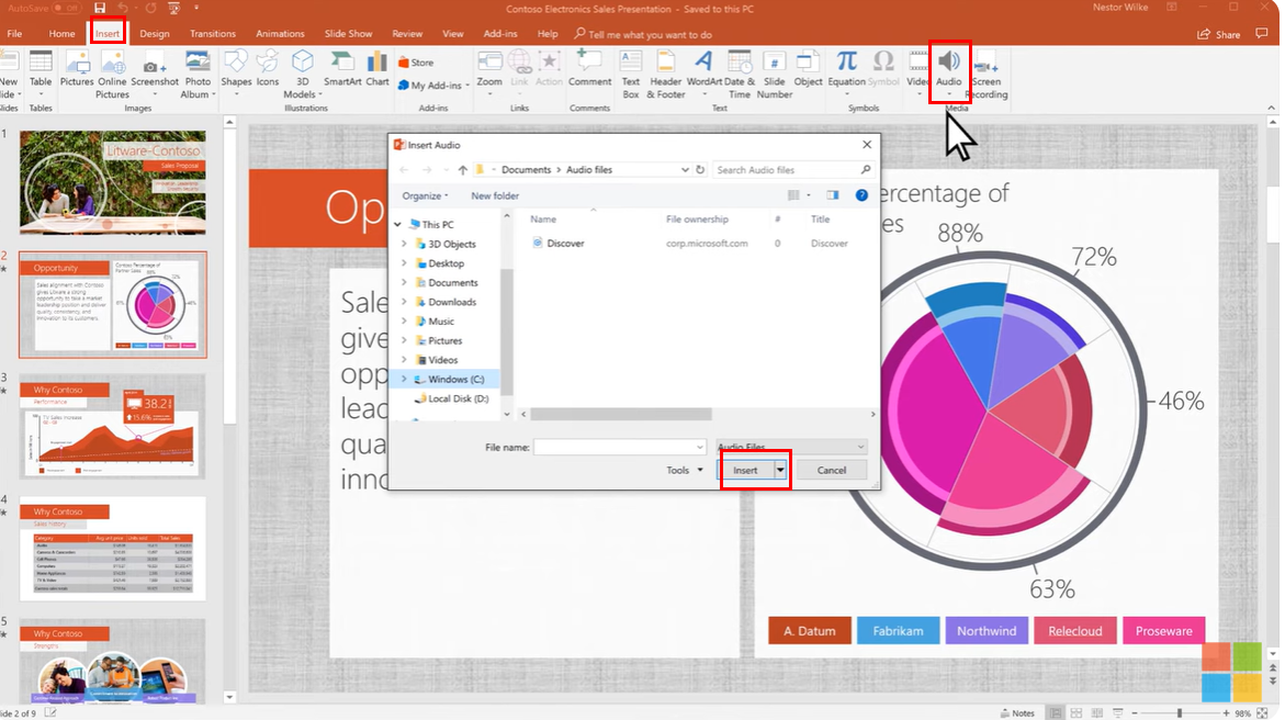 Inserting the audio file into the PowerPoint presentation