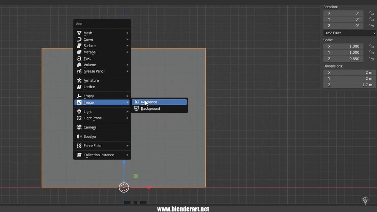 Blender character tutorial showing how to upload the reference image