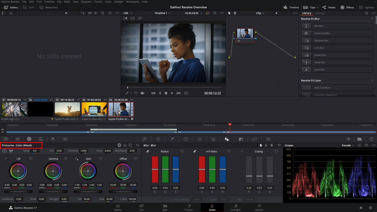 Balancing the video color using the color correction tool in DaVinci Resolve