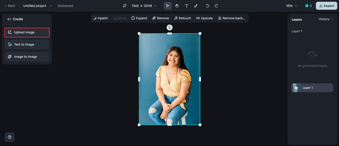 Click "Upload image" to recolor photo online with Dreamina