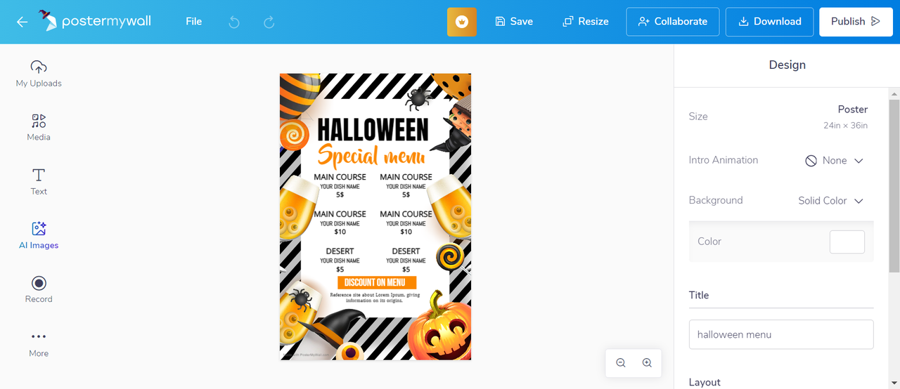 PosterMyWall menu maker website interface