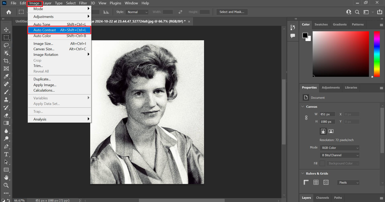 Click "Auto Contrast" to photoshop fix old photos