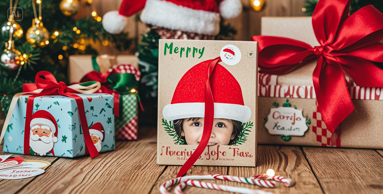 Gift wrapping with picture of recipent wearing santa hat