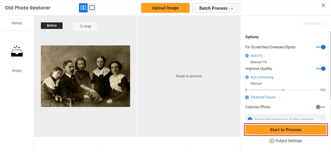 Click "Start to Process" to convert an old image to new image