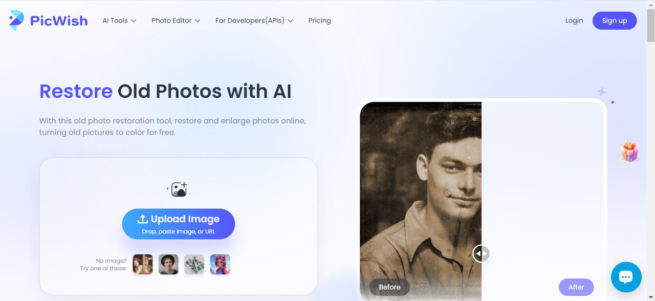 PicWish AI photo restore webpage