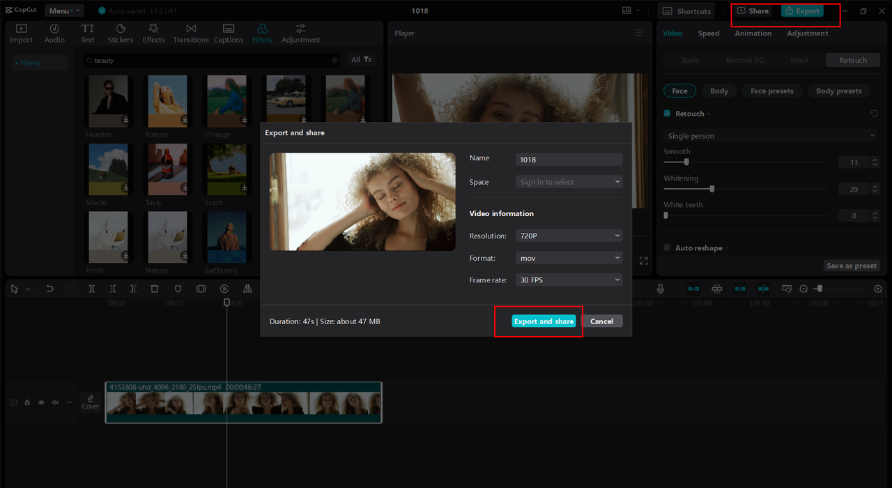 Exporting or sharing the video from the CapCut desktop video editor