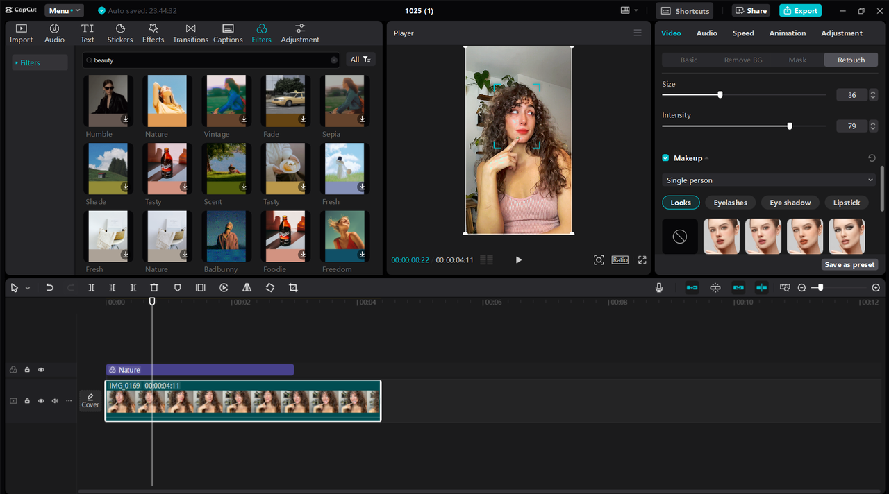 Applying beauty filters through the retouching feature in CapCut