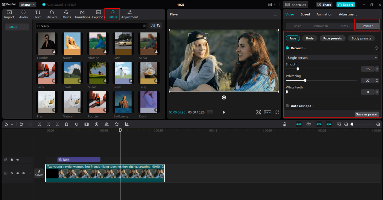 Showing interface of CapCut desktop video editor, comes with a retouch feature with beauty filters