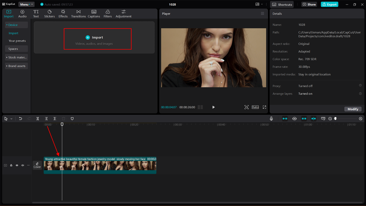 Importing video into CapCut to apply beauty filter