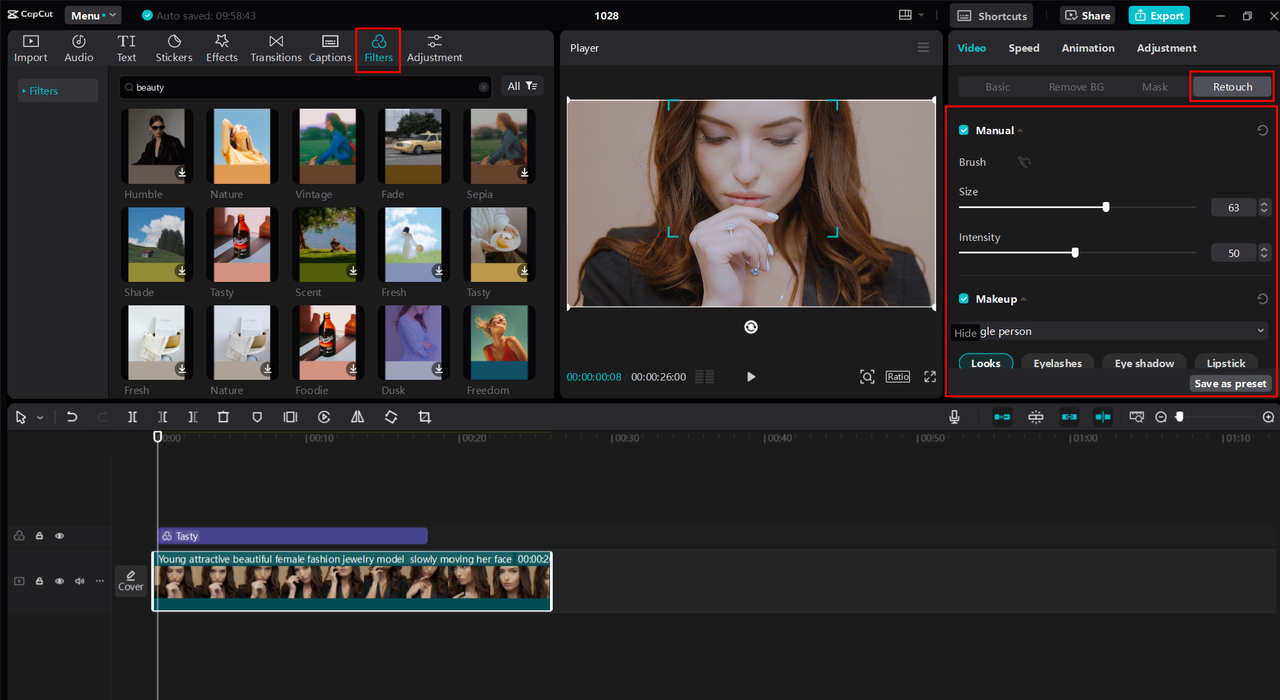 Applying the beauty filters on video using the CapCut retouch feature