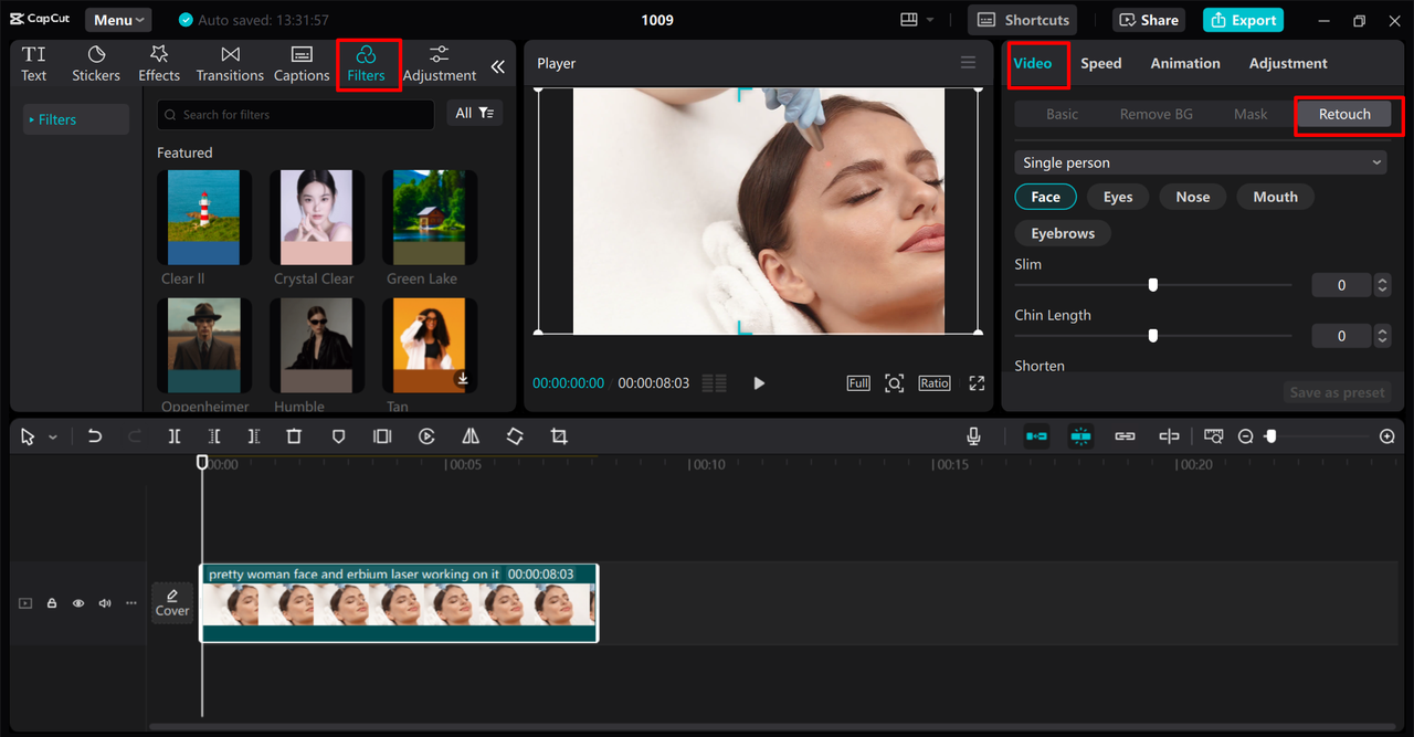 Using the auto-reshape feature to adjust face proportion in the CapCut desktop video editor