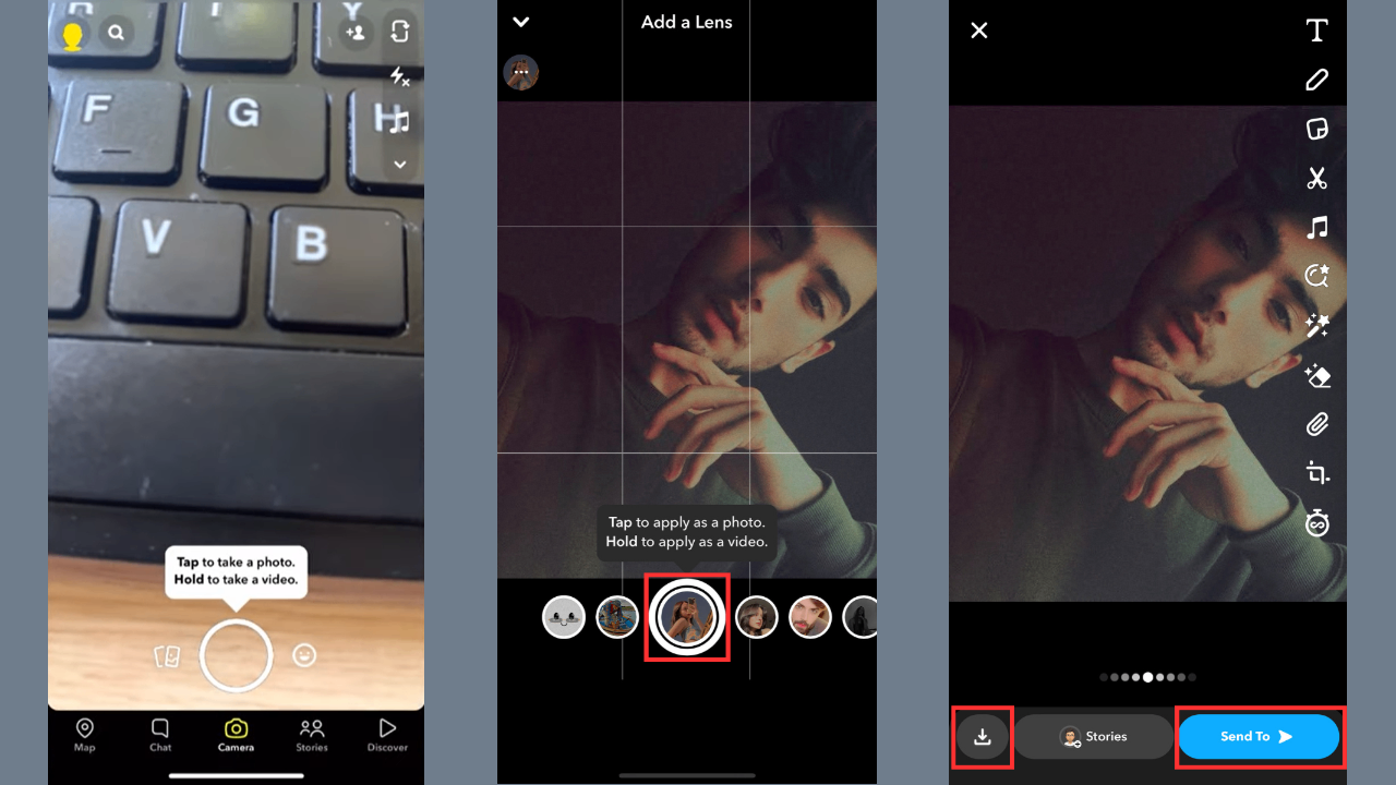 Interface of Snapchat - an easy-to-use mobile app for adding symmetrical face test filters to photos