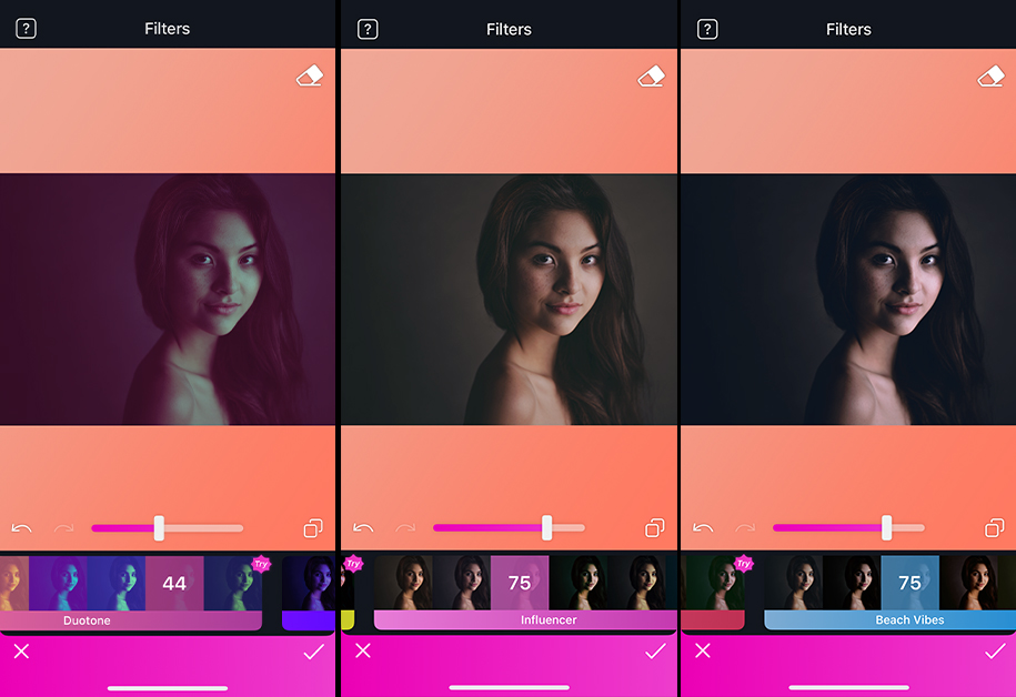 Interface of Facetune -  a perfect mobile app to add symmetrical face filter to photos