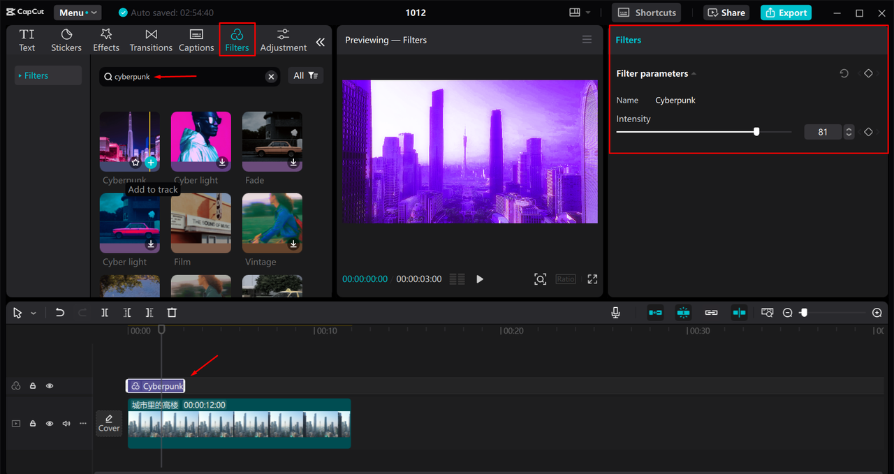 Adding cyberpunk filters to a video in CapCut desktop video editor