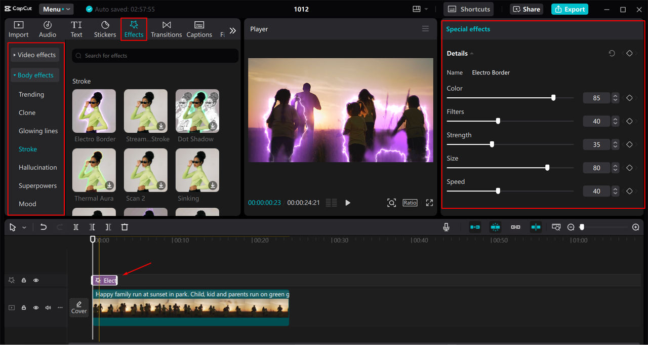 Applying and adding special effects to videos in the CapCut desktop video editor