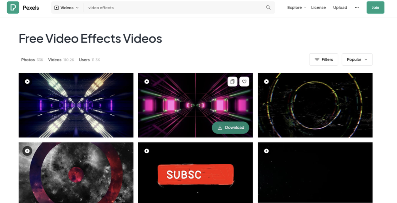 Interface of Pexels - best site to download free special effects for video editing