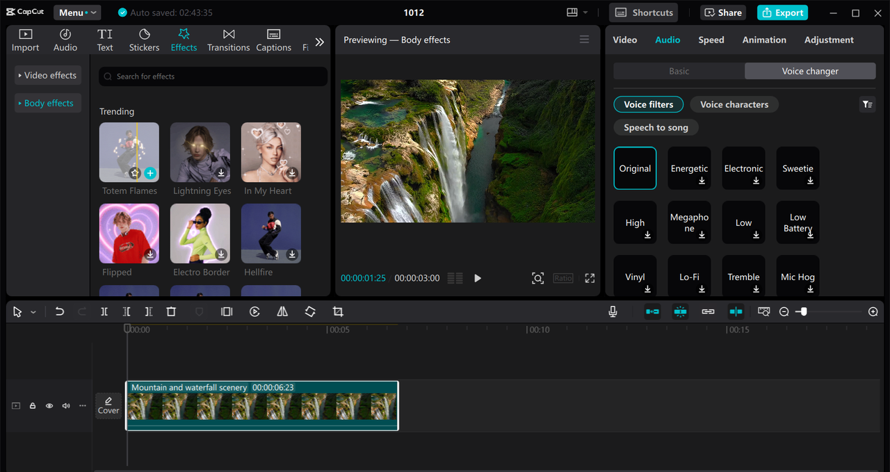 Interface of the CapCut desktop video editor - the perfect way to use good SFX makeup effects