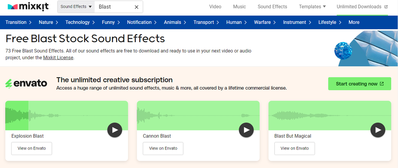 the user interface of Mixkit for exploring futuristic SFX