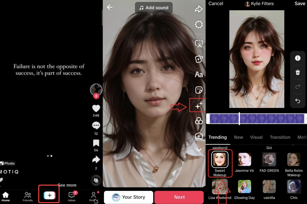 TikTok beauty filters interface: using sweet makeup beauty filter on TikTok