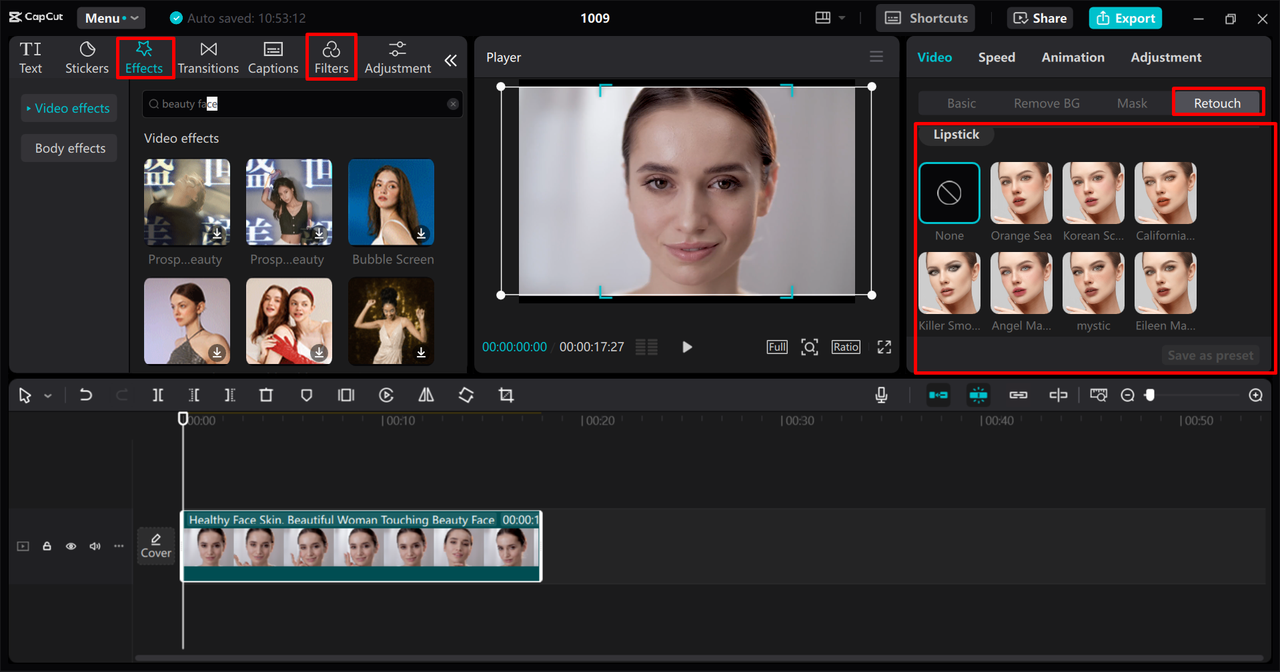 Using the retouch feature to apply virtual makeup in the CapCut desktop video editor