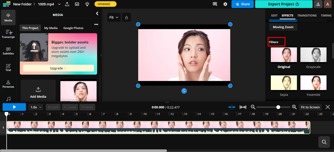 Interface of Kapwing - a user-friendly tool to add beauty filters for free to videos