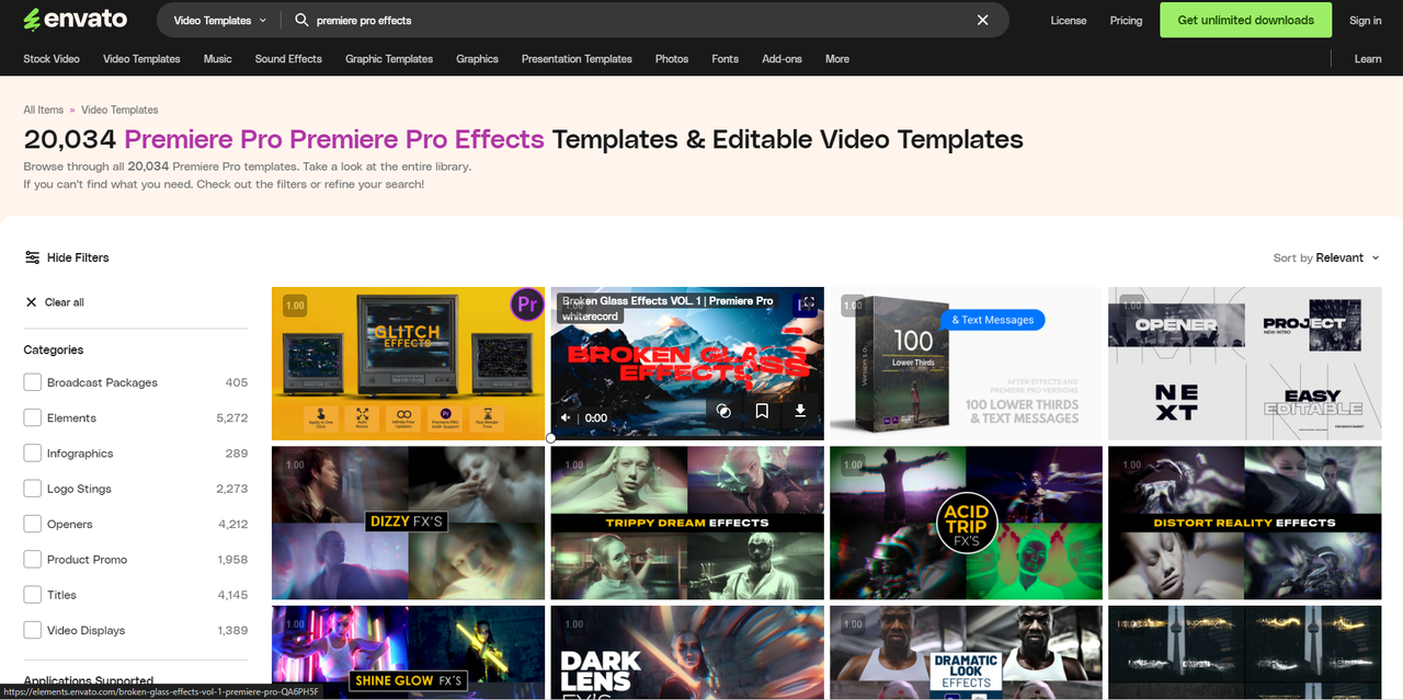 Interface of Envato Elements - the best way to download effects for Premiere Pro