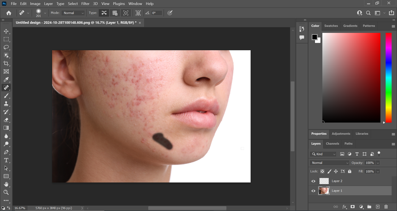 How to remove pimple in photoshop: Paint the brush over the area you want to clear