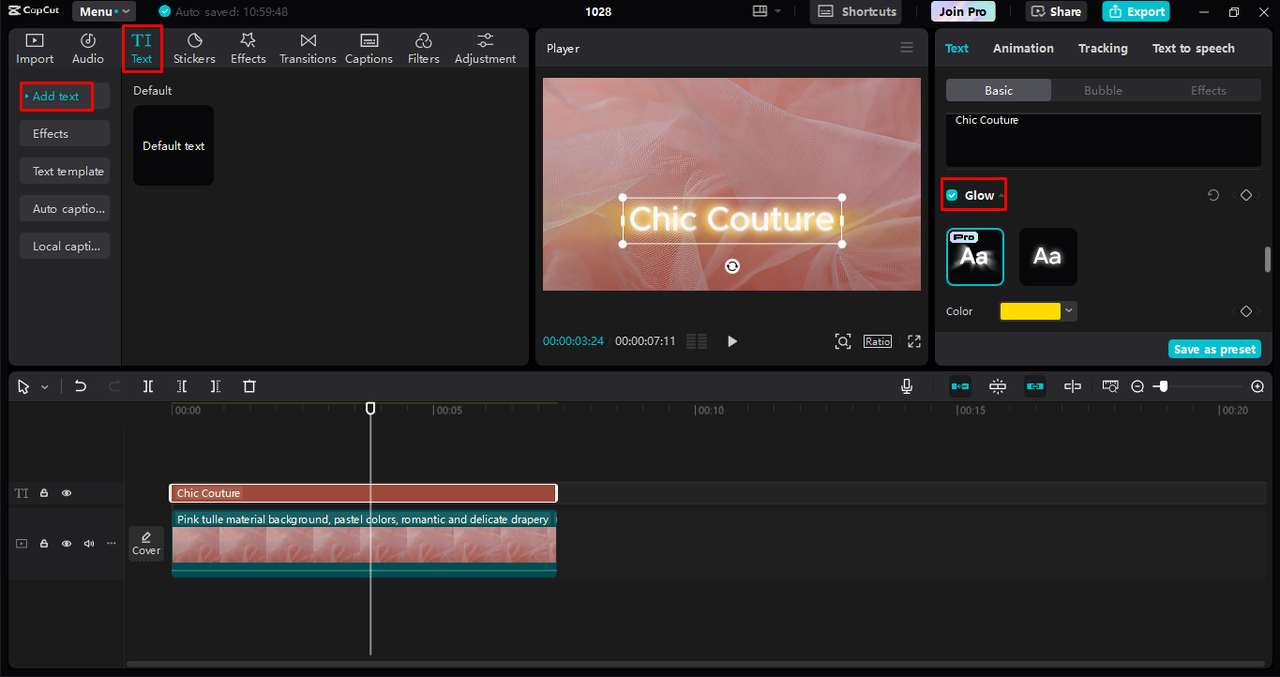 Applying the Glow effect to the text in the CapCut desktop video editor