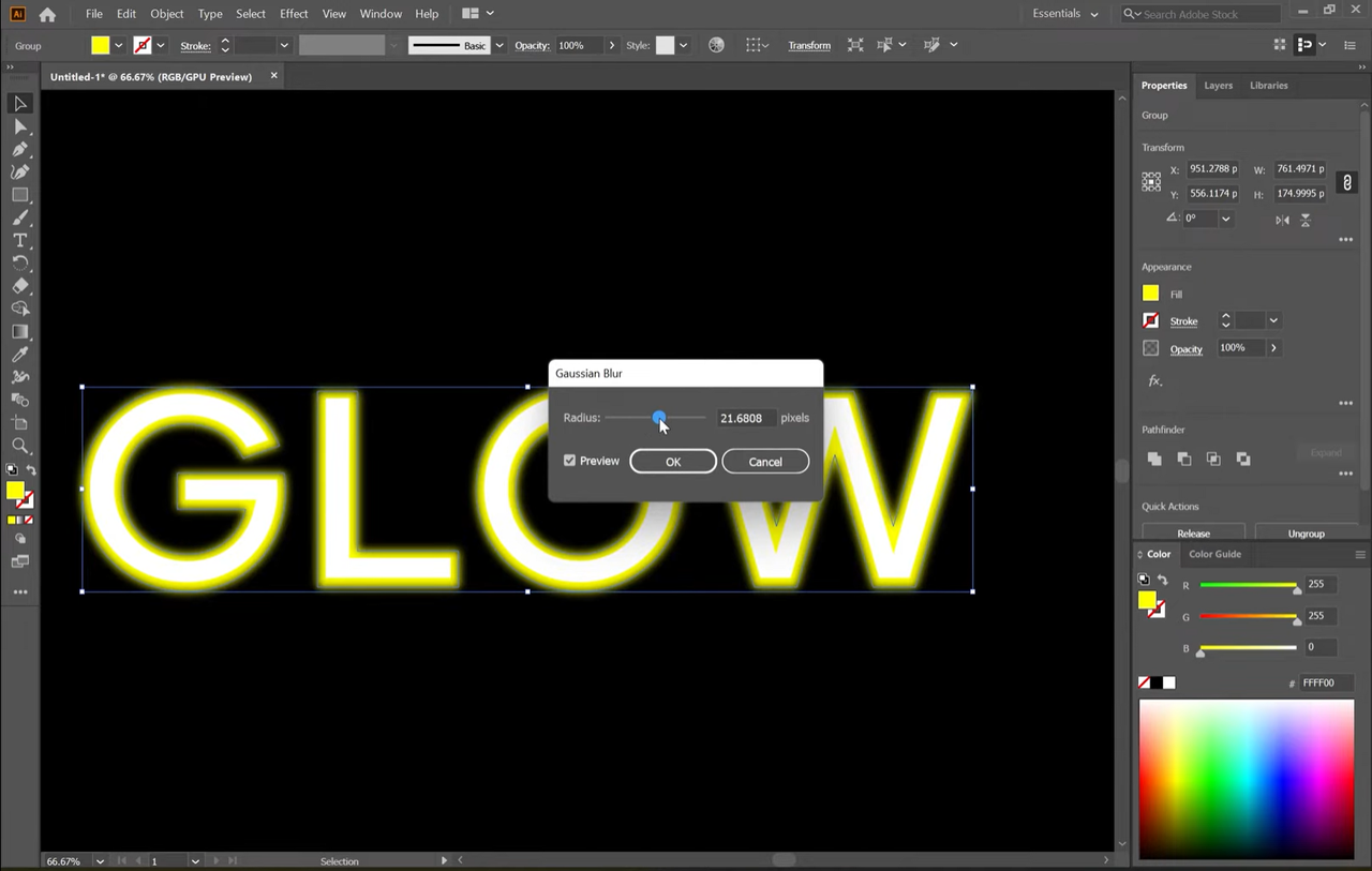 Interface showing how to make text glow in Illustrator with Gaussian blur