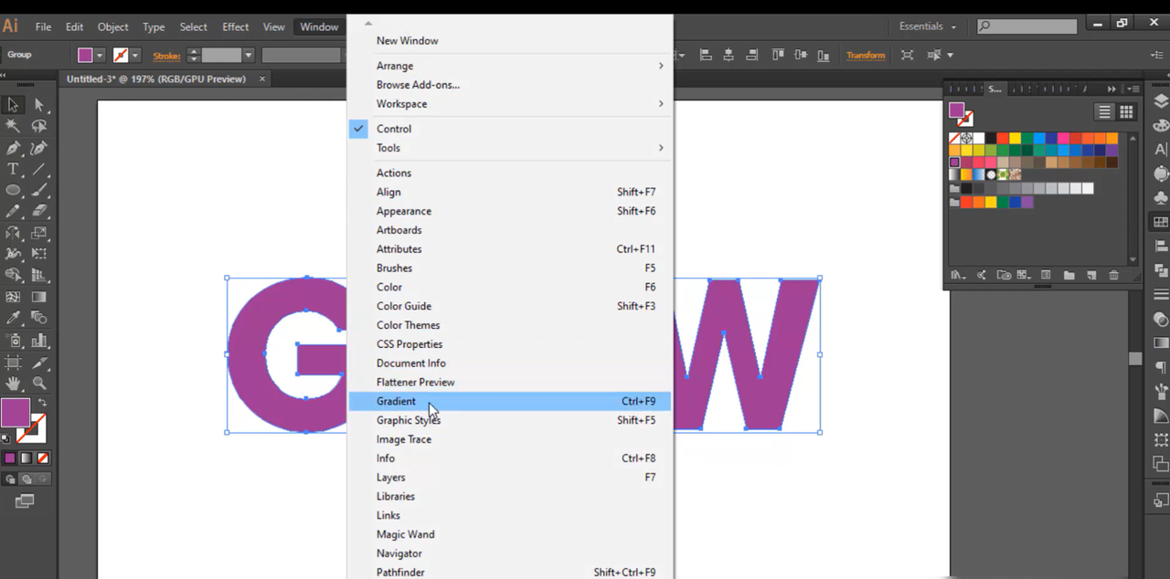 Interface showing how to add a glow effect to text in Illustrator with a gradient glow effect