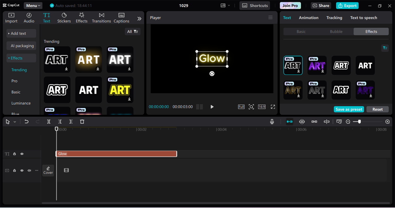 Editing interface of CapCut desktop video editor - a perfect choice to make glowing texts for videos