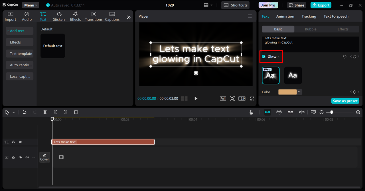 Customizing the text glow effect in the CapCut desktop video editor