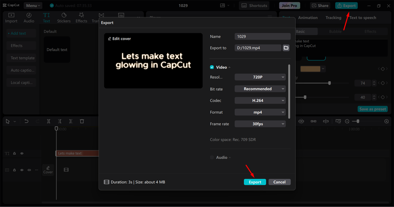 Exporting video from the CapCut desktop video editor