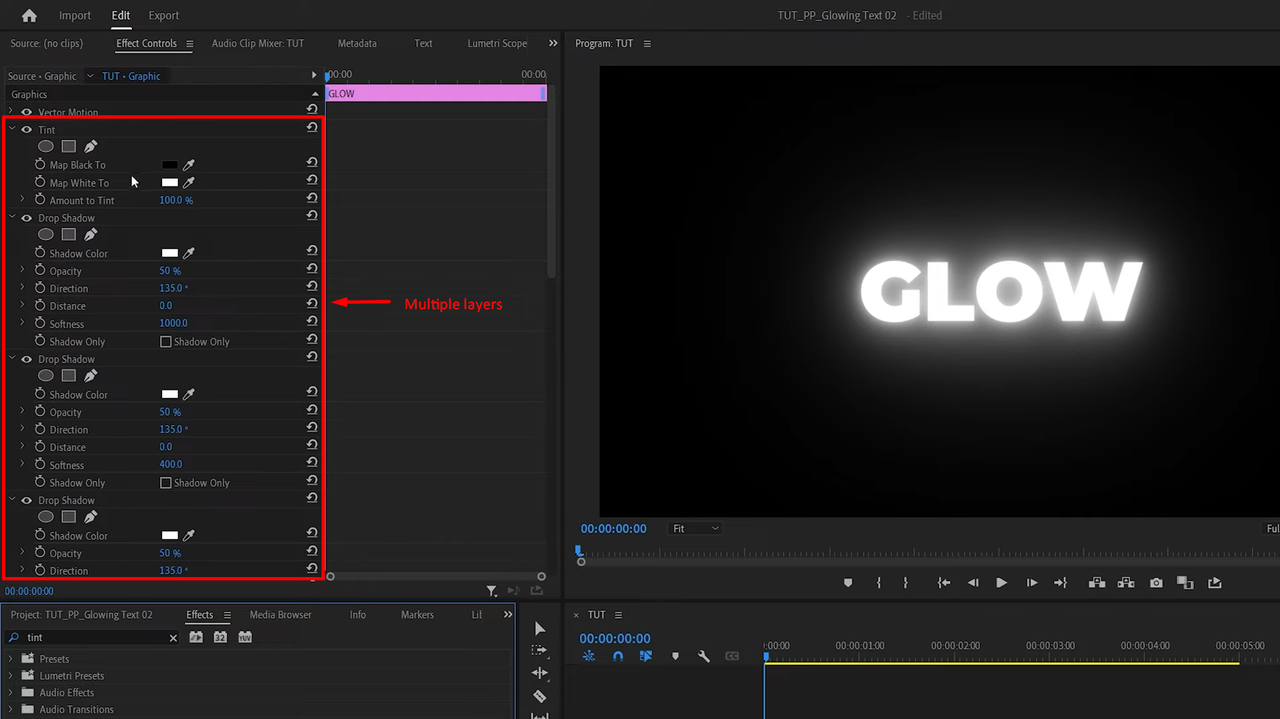 Applying the glow effect to text in Premiere Pro