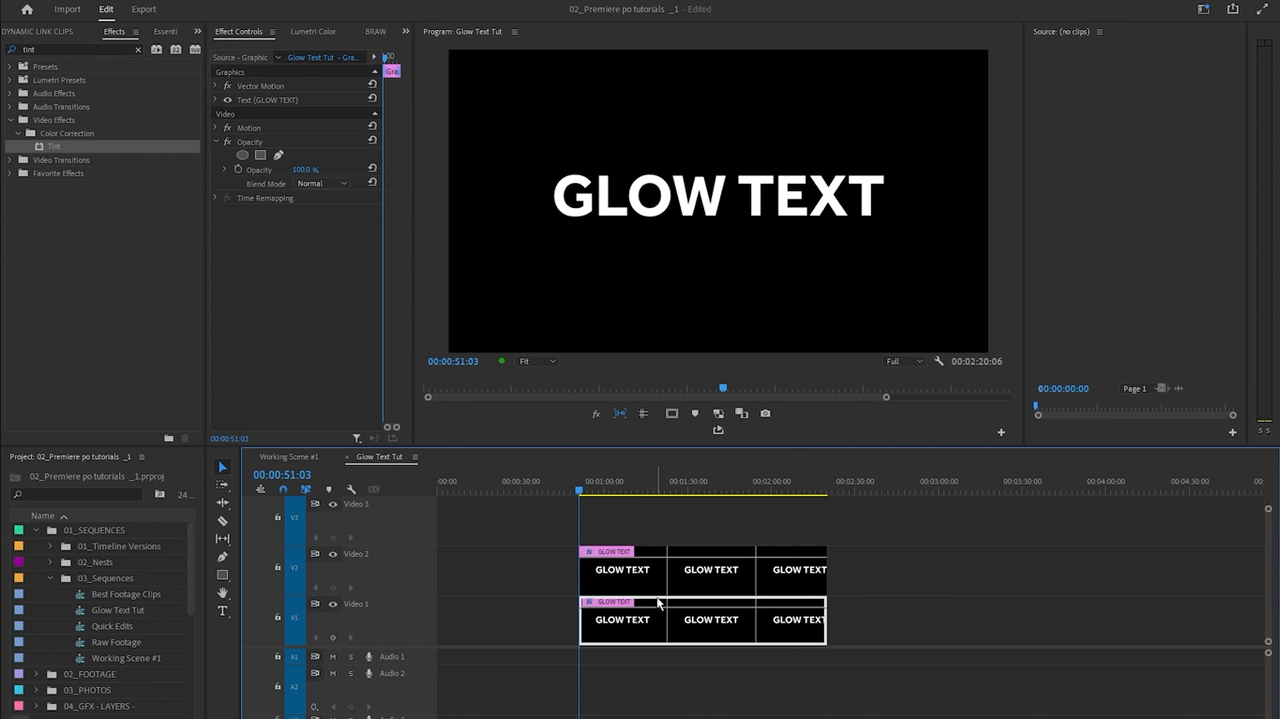 Duplicating the text layer to add a glow effect in Premiere Pro