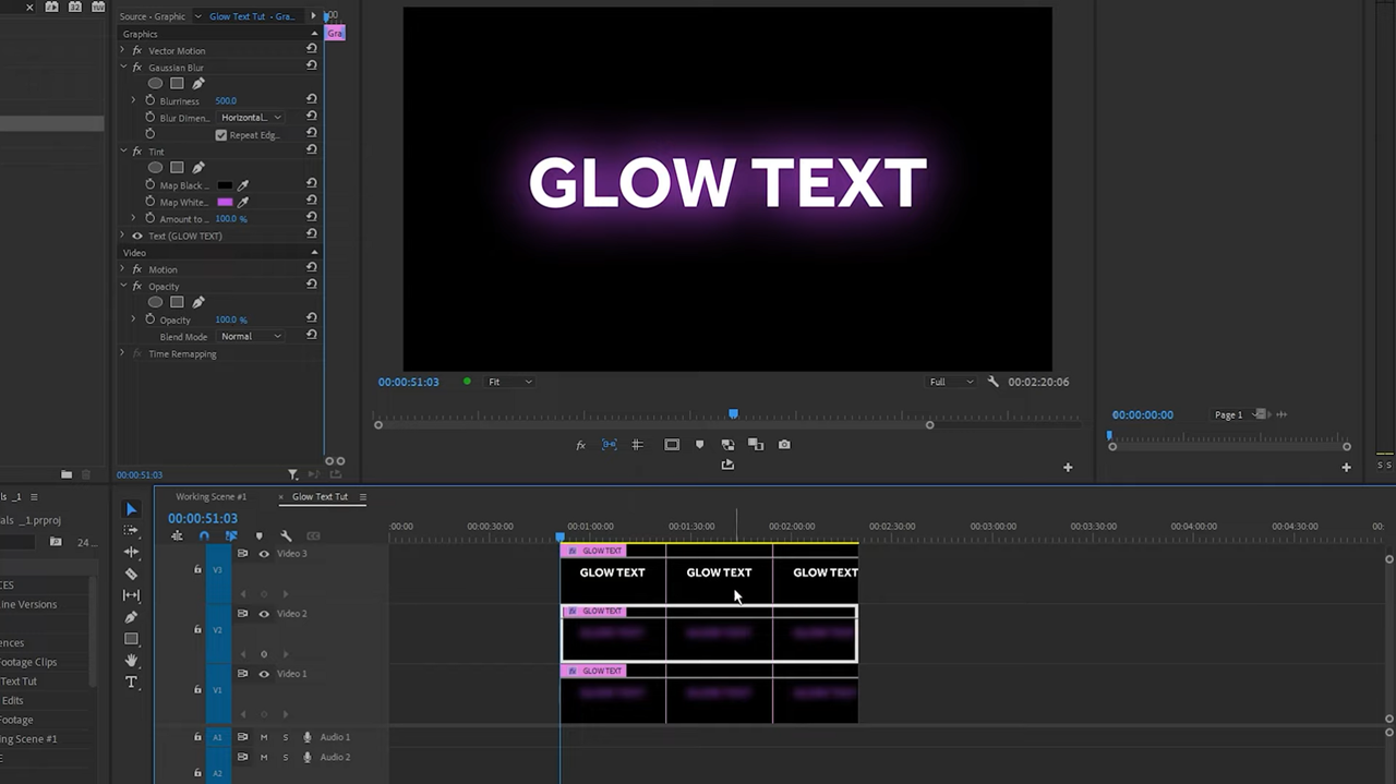 Adjusting the blurriness and glowing text effect in Premiere Pro