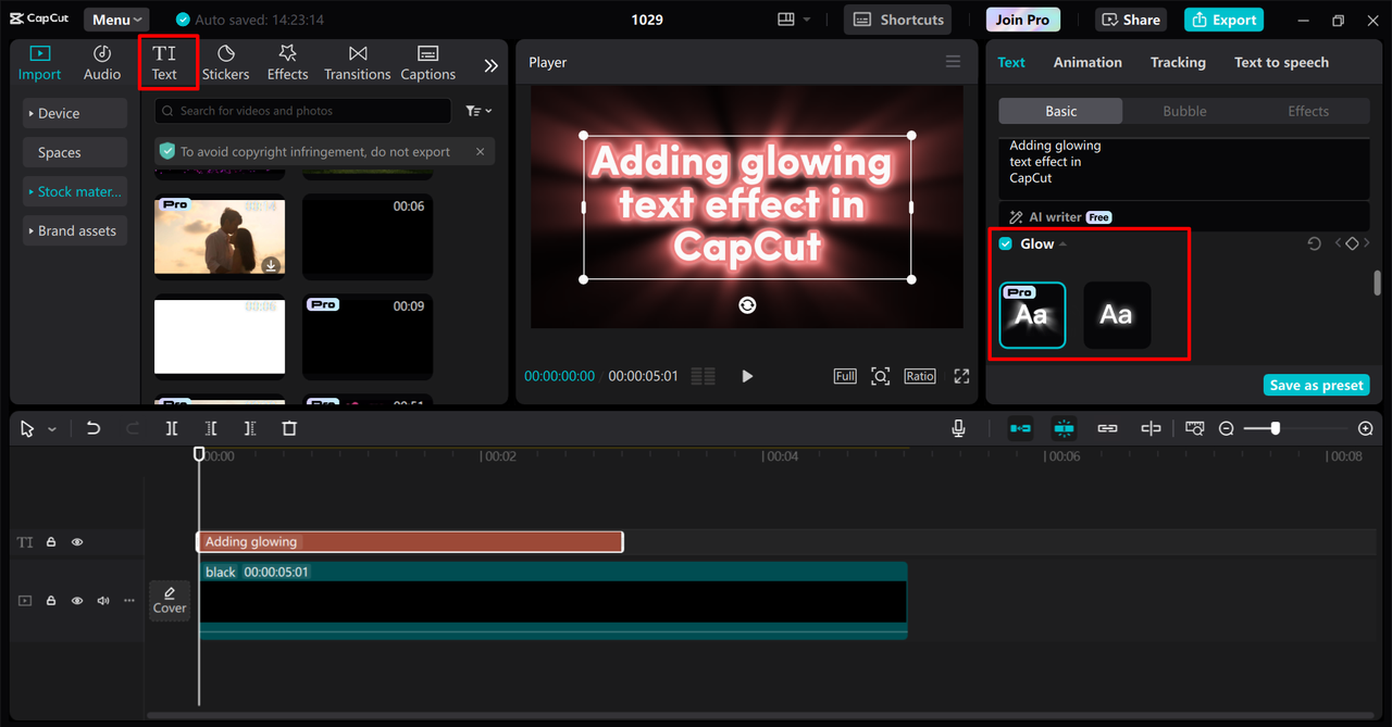 Applying and personalizing the text glowing effect into the CapCut desktop video editor