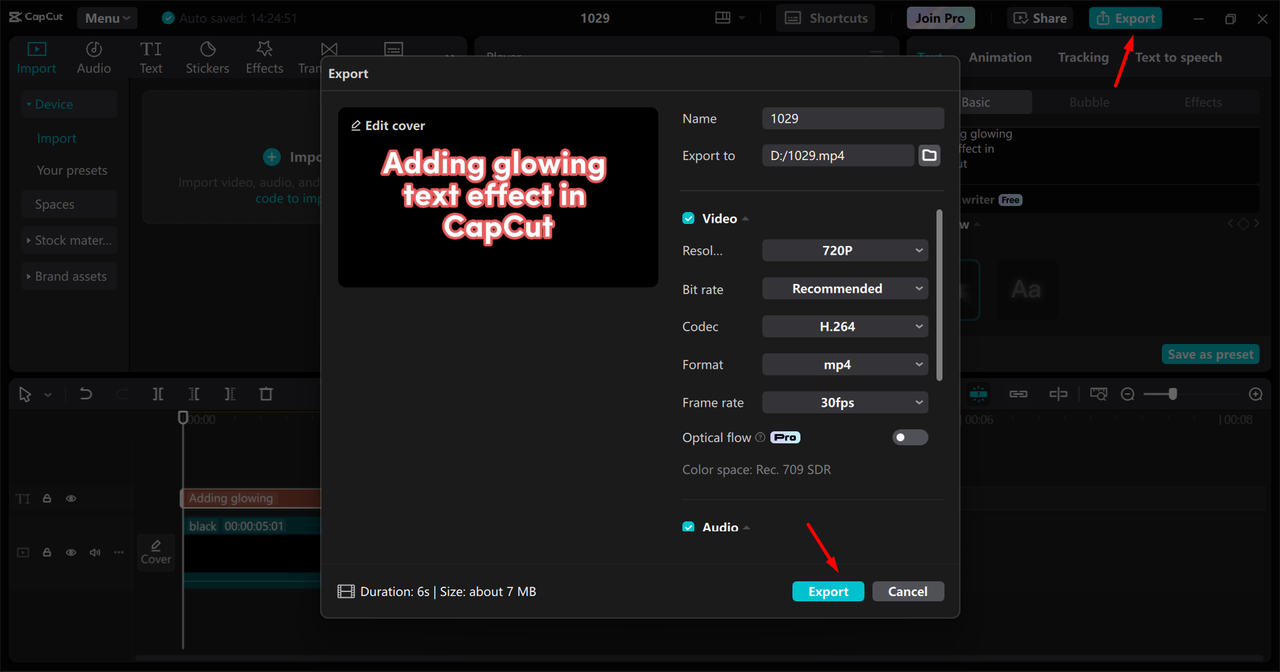 Exporting the video from the CapCut desktop video editor