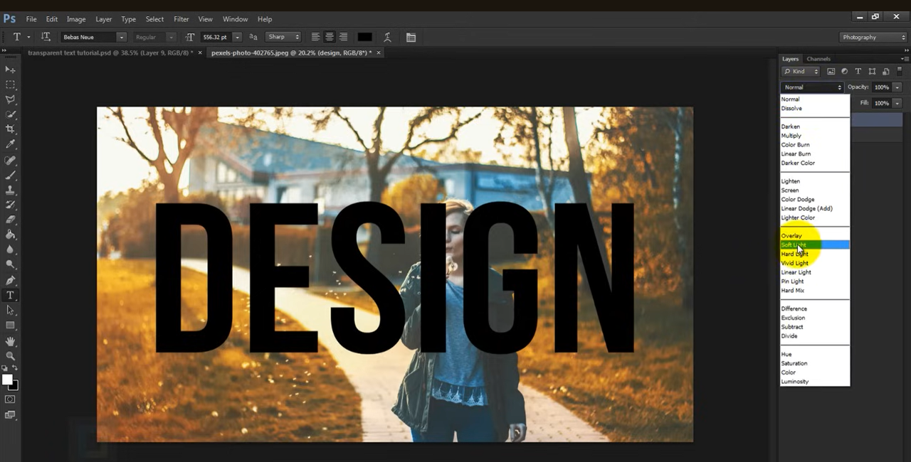 Adding soft light to make the text transparent in Photoshop