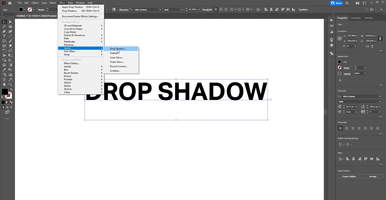 Showing how to add shadow to text in Illustrator