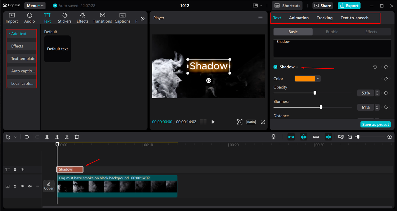 Applying and adjusting the text shadows in the CapCut desktop video editor